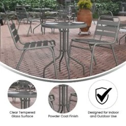 Emma And Oliver 23.75'' Round Glass Top Metal Table With 2 Aluminum Slat Stack Chairs -Outdoor Garden Store GUEST 499cd6bf 3735 45e5 be9a fd1871a1d1f9