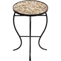 Teal Island Designs Modern Black Round Outdoor Accent Side Table 14" Wide Natural Mosaic Tabletop For Front Porch Patio Home House -Outdoor Garden Store GUEST 49fec831 ef70 4857 856d 0269483dfa8a