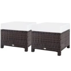 Outsunny 2 Pc 20" Outdoor PE Rattan Wicker Ottoman, Fade-Resistant Patio Footrest With Soft Cushion, Steel Frame, Dark Brown, White -Outdoor Garden Store GUEST 4ae39110 d32d 4980 b7a0 be5228e84fd9