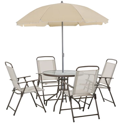Outsunny 6 Piece Patio Dining Set For 4 With Umbrella, 4 Folding Dining Chairs & Round Glass Table For Garden, Backyard And Poolside 6 Outsunny 6 Piece Patio Dining Set For 4 With Umbrella, 4 Folding Dining Chairs & Round Glass Table For Garden, Backyard And Poolside - Image 6