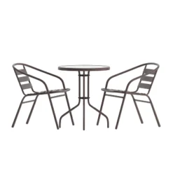 Emma And Oliver 23.75'' Round Glass Top Metal Table With 2 Aluminum Slat Stack Chairs -Outdoor Garden Store GUEST 4ffc0ba1 fe30 434c b960 40dd16a3324d