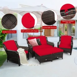 Costway 5PCS Patio Rattan Furniture Set Loveseat Sofa Ottoman W/RedWhite Cushion -Outdoor Garden Store GUEST 56eb7fb4 8216 4de2 b75b d303ae084605