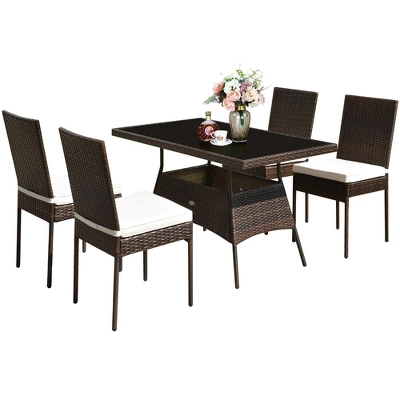 Costway 5 PCS Patio Rattan Dining Set Glass Table High Back Chair Garden Deck Mix Brown 1 Costway 5 PCS Patio Rattan Dining Set Glass Table High Back Chair Garden Deck Mix Brown