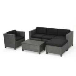 Puerta 6pc Wicker L-Shaped Sectional Sofa Set - Black/Gray - Christopher Knight Home