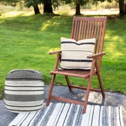 Northlight 18" White And Black Striped Outdoor Woven Pouf Ottoman