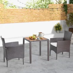 Costway 3PCS Patio Wicker Dining Set Acacia Wood Table Top With Cushioned Chairs Garden