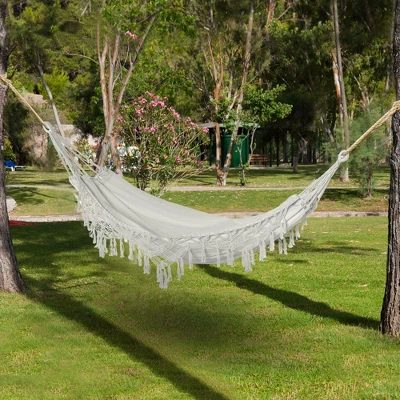 Outsunny Extra Large Boho Hammock With Macrame Tassel Fringe, Includes Carrying Bag, Indoor Outdoor Tree Hammock For Porch, Backyard, Camping, White 2 Outsunny Extra Large Boho Hammock With Macrame Tassel Fringe, Includes Carrying Bag, Indoor Outdoor Tree Hammock For Porch, Backyard, Camping, White - Image 2