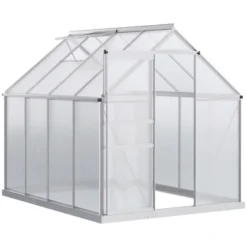 Outsunny Aluminum Greenhouse, Polycarbonate Walk-in Garden Greenhouse Kit With Adjustable Roof Vent, Rain Gutter And Sliding Door For Winter, Silver -Outdoor Garden Store GUEST 68e68aae 4eea 4da2 abe5 282022e7a955