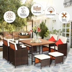 Costway 9PCS Acacia Wood Patio Rattan Dining Set Cushioned Chairs Ottoman -Outdoor Garden Store GUEST 6ba3d465 2b05 4aa2 a5df 527f27330960