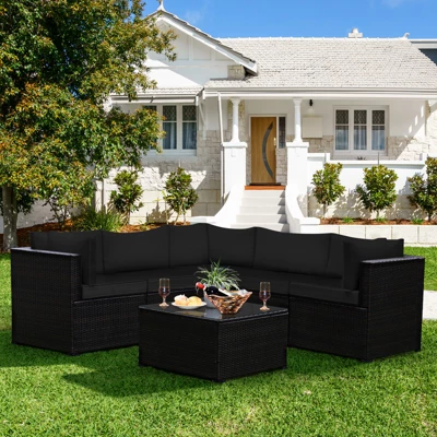 Tangkula 6 PCS Patio Rattan Furniture Set Outdoor Wicker Conversation Sofa Set W/Tempered Glass Coffee Table 1 Tangkula 6 PCS Patio Rattan Furniture Set Outdoor Wicker Conversation Sofa Set W/Tempered Glass Coffee Table