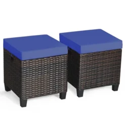 Costway 2PCS Patio Rattan Ottoman Cushioned Seat Foot Rest Coffee Table Furniture Garden Navy
