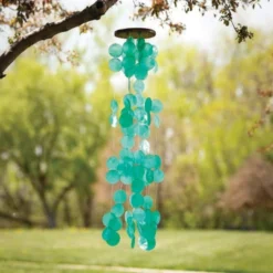 Woodstock Wind Chimes For Outside, Outdoor Decor, Garden And Patio Decor, Capiz Waterfall Wind Chime, 40'' Patina Green Wind Chimes (CWPG)