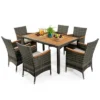 Costway 7PCS Patio Rattan Dining Set Acacia Wood Table Cushioned Chair Mix Gray