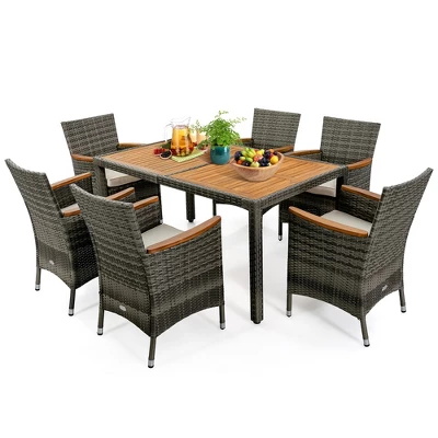 Costway 7PCS Patio Rattan Dining Set Acacia Wood Table Cushioned Chair Mix Gray 1 Costway 7PCS Patio Rattan Dining Set Acacia Wood Table Cushioned Chair Mix Gray