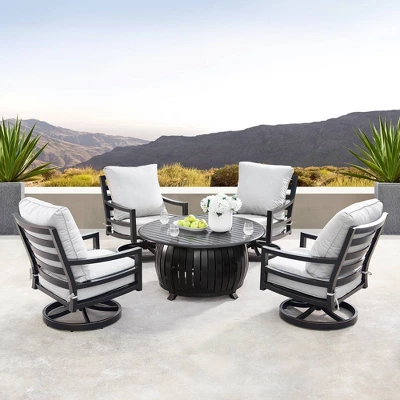 Oakland Living 5pc Deep Seating Aluminum Outdoor Patio Fire Pit Dining Set With Stripe Pattern Fire Table Copper/Gray 1 Oakland Living 5pc Deep Seating Aluminum Outdoor Patio Fire Pit Dining Set With Stripe Pattern Fire Table Copper/Gray