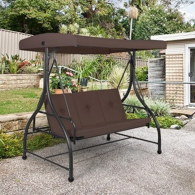 Costway Converting Outdoor Swing Canopy Hammock 3 Seats Patio Deck Furniture Brown 2 Costway Converting Outdoor Swing Canopy Hammock 3 Seats Patio Deck Furniture Brown - Image 2