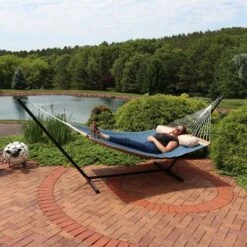 Sunnydaze Decor Sunnydaze 2-Person Outdoor Quilted Fabric Hammock With Spreader Bars With Freestanding Stand And Detachable Pillow - 350 Lb Capacity - Tidal Wave -Outdoor Garden Store GUEST 6ea4480b a311 4289 ad0b 855046d35141
