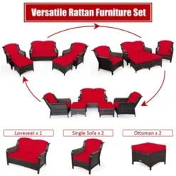 Costway 5PCS Patio Rattan Furniture Set Loveseat Sofa Ottoman W/RedWhite Cushion -Outdoor Garden Store GUEST 723b8270 0e60 4ab3 a55e 4880c23046d7