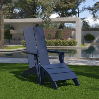 Emma And Oliver Indoor/Outdoor Modern 2-Slat Adirondack Style Chair And Footrest 1 Emma And Oliver Indoor/Outdoor Modern 2-Slat Adirondack Style Chair And Footrest