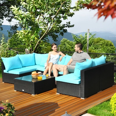 Costway 7PCS Patio Rattan Sofa Set Sectional Conversation Furniture Set Garden 11 Costway 7PCS Patio Rattan Sofa Set Sectional Conversation Furniture Set Garden - Image 11