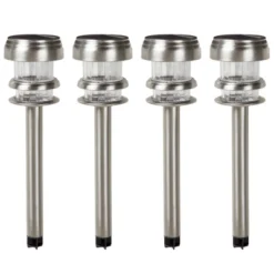 Nature Spring Solar Powered Lights - Set Of 4 - LED Outdoor Stake Spotlight Fixture For Gardens, Pathways, And Patios, Silver