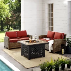 3pc Bradenton Outdoor Steel Fire Pit Set With 2 Loveseats Sangria/Weathered Brown - Crosley -Outdoor Garden Store GUEST 7933aacc a4e0 4c46 a9a7 a0a458d8a75a