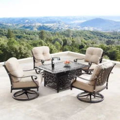5pc Outdoor Dining Set With 48" Rectangle Fire Table, Deep Seating Swivel Rocking Chairs, Wind Blocker Lid & Fabric Covers - Oakland Living