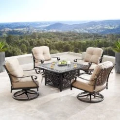 Oakland Living 5pc Deep Seating Swivel Aluminum Outdoor Patio Fire Pit Dining Set Copper