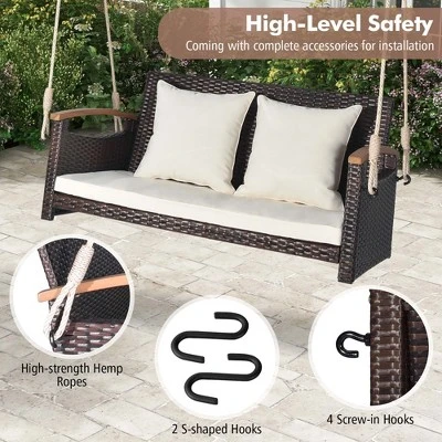 Costway Patio Rattan Porch Swing 2-Person Hanging Chair Cushioned Loveseat For Backyard 7 Costway Patio Rattan Porch Swing 2-Person Hanging Chair Cushioned Loveseat For Backyard - Image 7