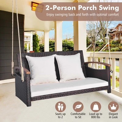 Costway Patio Rattan Porch Swing 2-Person Hanging Chair Cushioned Loveseat For Backyard 5 Costway Patio Rattan Porch Swing 2-Person Hanging Chair Cushioned Loveseat For Backyard - Image 5