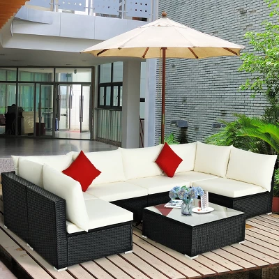 Costway 7PCS Patio Rattan Sofa Set Sectional Conversation Furniture Set Garden 3 Costway 7PCS Patio Rattan Sofa Set Sectional Conversation Furniture Set Garden - Image 3