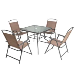 5pc Outdoor Steel Dining Set With Folding Chairs & Square Glass Table Top Brown - Crestlive Products