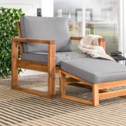 Galia 2pc Square Leg Acacia Wood Chair And Ottoman With Cushions - Brown - Saracina Home -Outdoor Garden Store GUEST 81184e31 2694 433a a546 112c66f6d67b