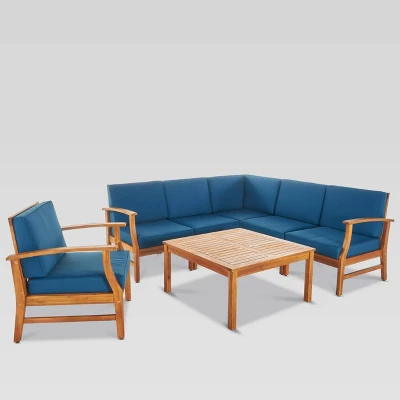 Perla 7pc Acacia Wood Seating Set - Teak/Blue - Christopher Knight Home 1 Perla 7pc Acacia Wood Seating Set - Teak/Blue - Christopher Knight Home
