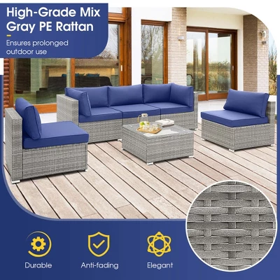 Costway 6 PCS Patio Conversation Sofa Set Outdoor Rattan Furniture Cushioned Seat Navy 6 Costway 6 PCS Patio Conversation Sofa Set Outdoor Rattan Furniture Cushioned Seat Navy - Image 6
