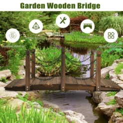 Costway 5 Ft Wooden Garden Bridge Arc Footbridge Stained Finish Walkway W/Rails -Outdoor Garden Store GUEST 86f4a14a e0c2 45ff b665 1b9f4142d89c