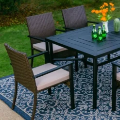 7pc Outdoor Dining Set With Rectangular Steel Table With 1.9" Umbrella Hole & Rattan Wicker Chairs With Cushions - Beige - Captiva Designs -Outdoor Garden Store GUEST 8f04f425 6a90 4144 8469 761d53894143