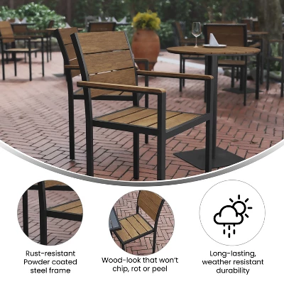 Emma And Oliver Outdoor Stacking Side Chair With Faux Teak Poly Slat Seat, Back And Arms And Metal Frame 5 Emma And Oliver Outdoor Stacking Side Chair With Faux Teak Poly Slat Seat, Back And Arms And Metal Frame - Image 5