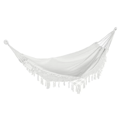 Outsunny Extra Large Boho Hammock With Macrame Tassel Fringe, Includes Carrying Bag, Indoor Outdoor Tree Hammock For Porch, Backyard, Camping, White 3 Outsunny Extra Large Boho Hammock With Macrame Tassel Fringe, Includes Carrying Bag, Indoor Outdoor Tree Hammock For Porch, Backyard, Camping, White - Image 3