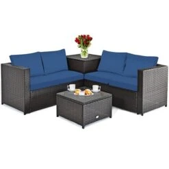 Costway 4PCS Patio Rattan Furniture Set Cushioned Loveseat Storage Table Navy