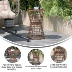 Emma And Oliver All-Weather Natural Faux Rattan Rope Patio Table With Natural Acacia Wood Top For Indoor And Outdoor Use -Outdoor Garden Store GUEST 931e7011 68d7 48cd 8482 8eef0d2ede11