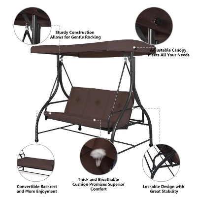 Costway Converting Outdoor Swing Canopy Hammock 3 Seats Patio Deck Furniture Brown 6 Costway Converting Outdoor Swing Canopy Hammock 3 Seats Patio Deck Furniture Brown - Image 6