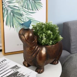 LuxenHome Brown Hippo And Blue Bird MgO Flower Pot Planter -Outdoor Garden Store GUEST 93eba16d 567a 4096 b792 cfe4858f01a7