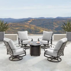 5pc Set With 34" Outdoor Round Aluminum Propane Fire Table & 4 Deep Seating Swivel Rocking Chairs & Lid - Oakland Living