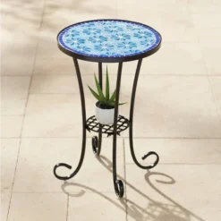 Teal Island Designs Modern Black Round Outdoor Accent Side Table 14" Wide Blue Star Mosaic Tabletop For Front Porch Patio Home House