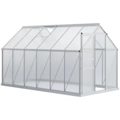 Outsunny Aluminum Greenhouse, Polycarbonate Walk-in Garden Greenhouse Kit With Adjustable Roof Vent, Rain Gutter And Sliding Door For Winter, Silver -Outdoor Garden Store GUEST 97df2326 6cde 49c4 bf0e dac18e0f2f93