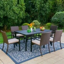 7pc Outdoor Dining Set With Rectangular Steel Table With 1.9" Umbrella Hole & Rattan Wicker Chairs With Cushions - Beige - Captiva Designs -Outdoor Garden Store GUEST 9833da0e 4070 469e 9665 d61dfac81578
