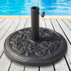 Outsunny 18" 20 Lbs Round Resin Umbrella Base Stand Market Parasol Holder With Decorative Rose Floral Pattern & Easy Setup For Garden, Bronze