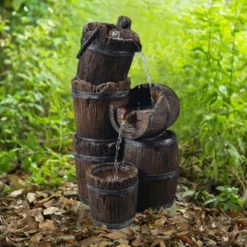 Teamson Home Outdoor Vintage 3-Tier Cascading Barrel Waterfall Fountain, Brown