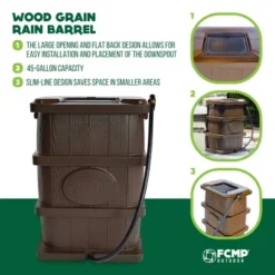 FCMP Outdoor WG4000 45 Gallon Wood Grain Outdoor Home Rain Water Catcher Barrel Flat Back Container With Spigots And Mesh Screen, Brown -Outdoor Garden Store GUEST 9da25afa 9e69 4535 bdd4 e95507f100c3